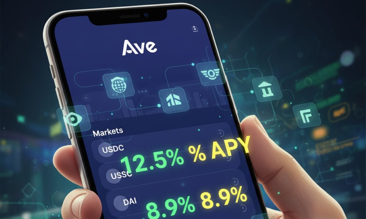 Illustration of the Aave App on mobile with icons of banks and fintechs, and highlighted yields
