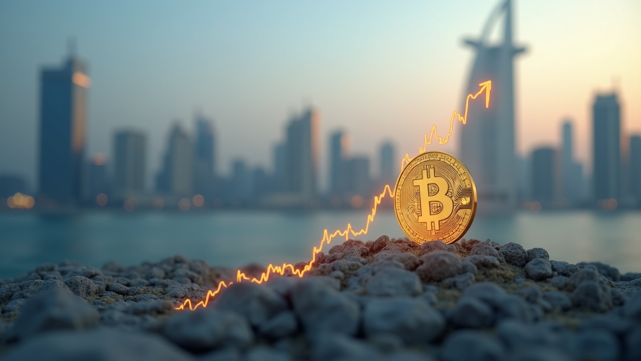 Header: institutional capital in Bitcoin ETFs, ascending chart and Bitcoin; blurred Abu Dhabi skyline.