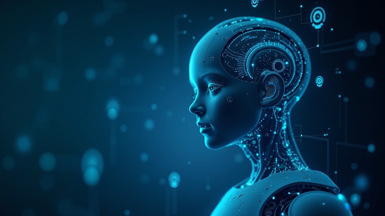 Photorealistic AI avatar projected on a translucent screen, with blockchain circuits and regulatory icons.