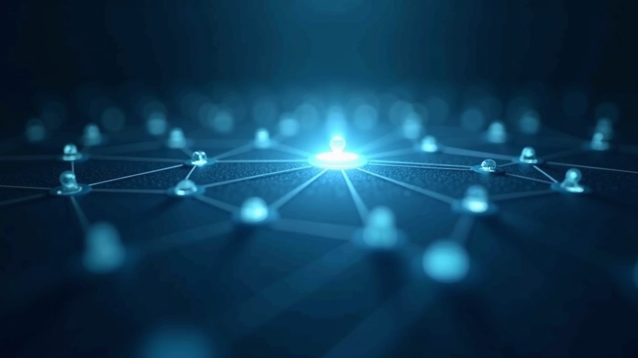 A luminous Aqua liquidity hub connecting tokens, blurred background and neutral lighting.