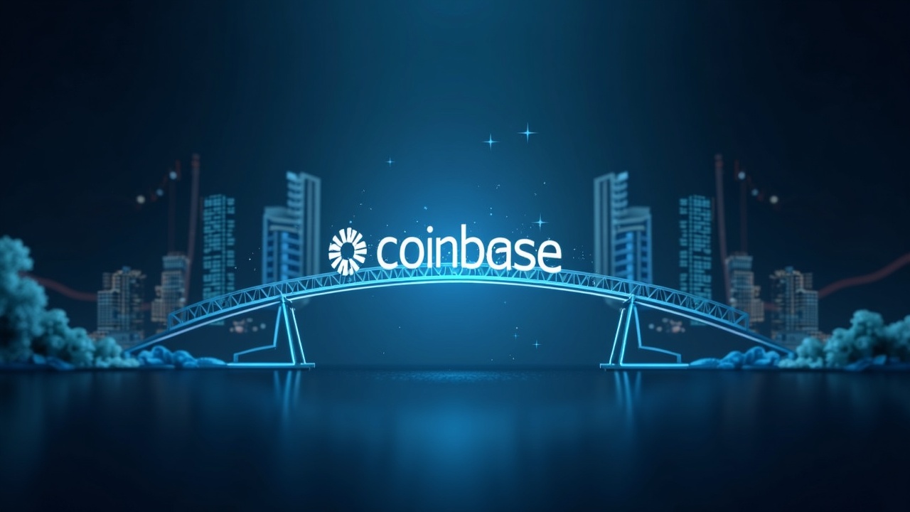 A glass bridge connects Coinbase logos with stock tickers, with Ark Invest, signaling crypto adoption.