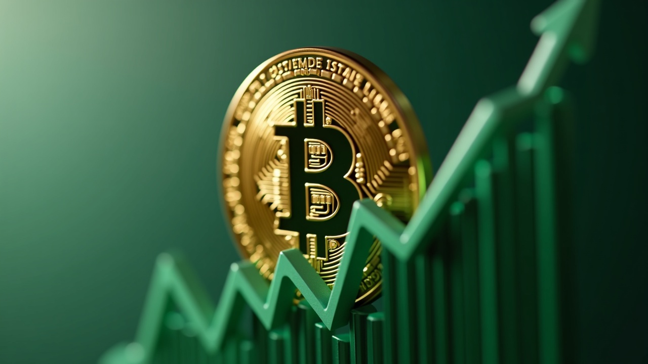 Bitcoin symbol with upward green line, neutral background and editorial lighting that suggests institutional demand.