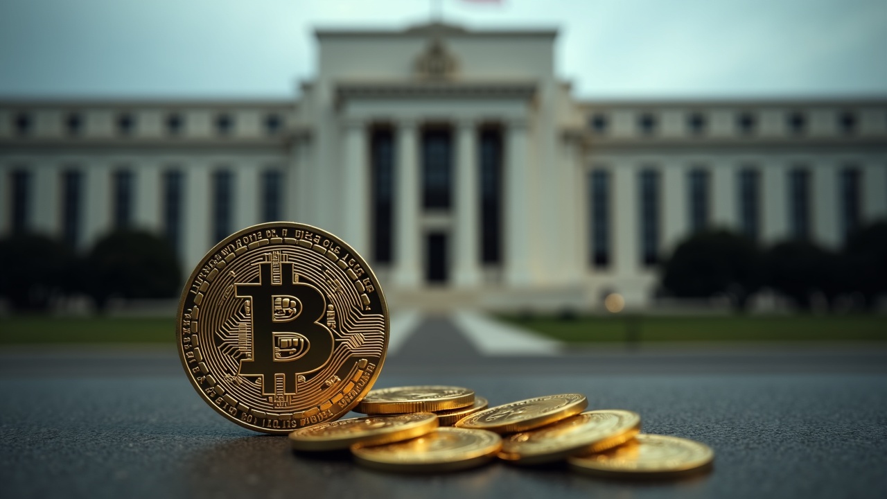 Bitcoin in the foreground with the Fed building blurred in the background, downward trend line and 71% overlay.