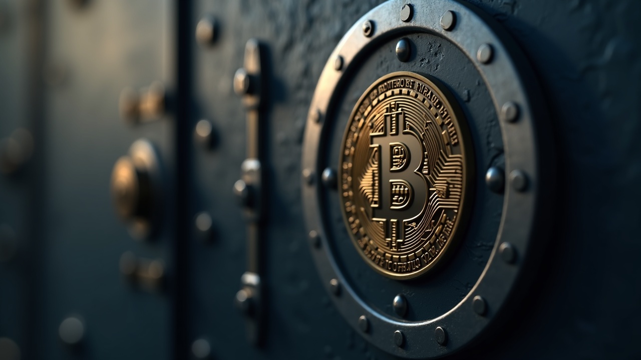 Photorealistic editorial: Bitcoin symbol in front of a reinforced vault door, governmental financial background.