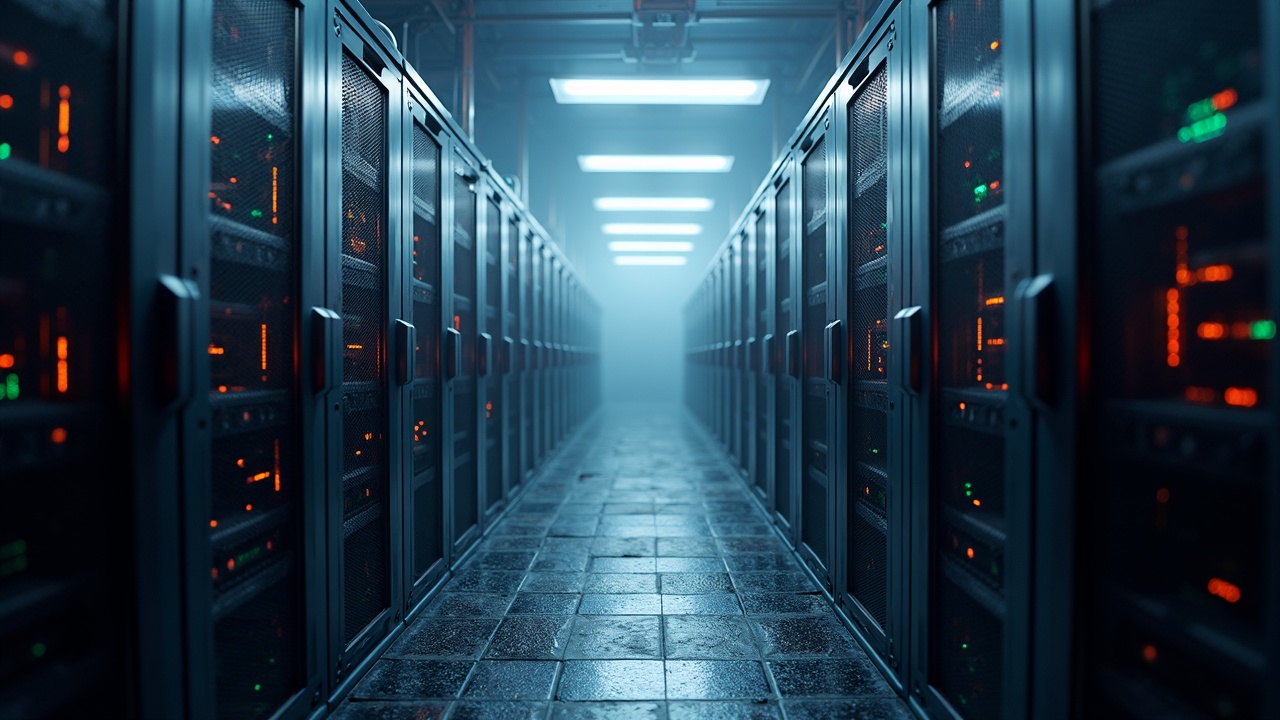 Softly lit Bitcoin mining racks, with hydroelectric power lines in China and 14% of the global hashrate.