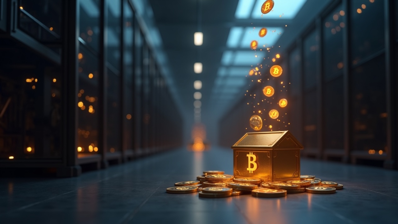 Photorealistic view of a mining plant with Bitcoin icons flowing toward an illuminated treasury, soft background.