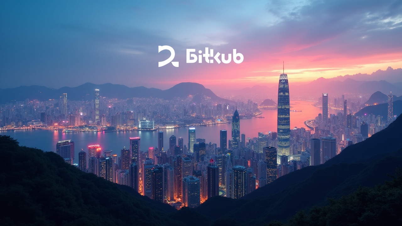 Sunrise over Hong Kong with the Bitkub logo and a crypto network, alluding to a regulated IPO.