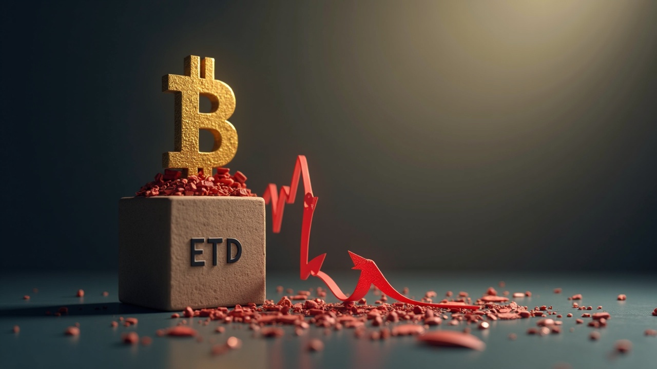 Bitcoin symbol next to red exit arrows draining an ETF block, soft light.