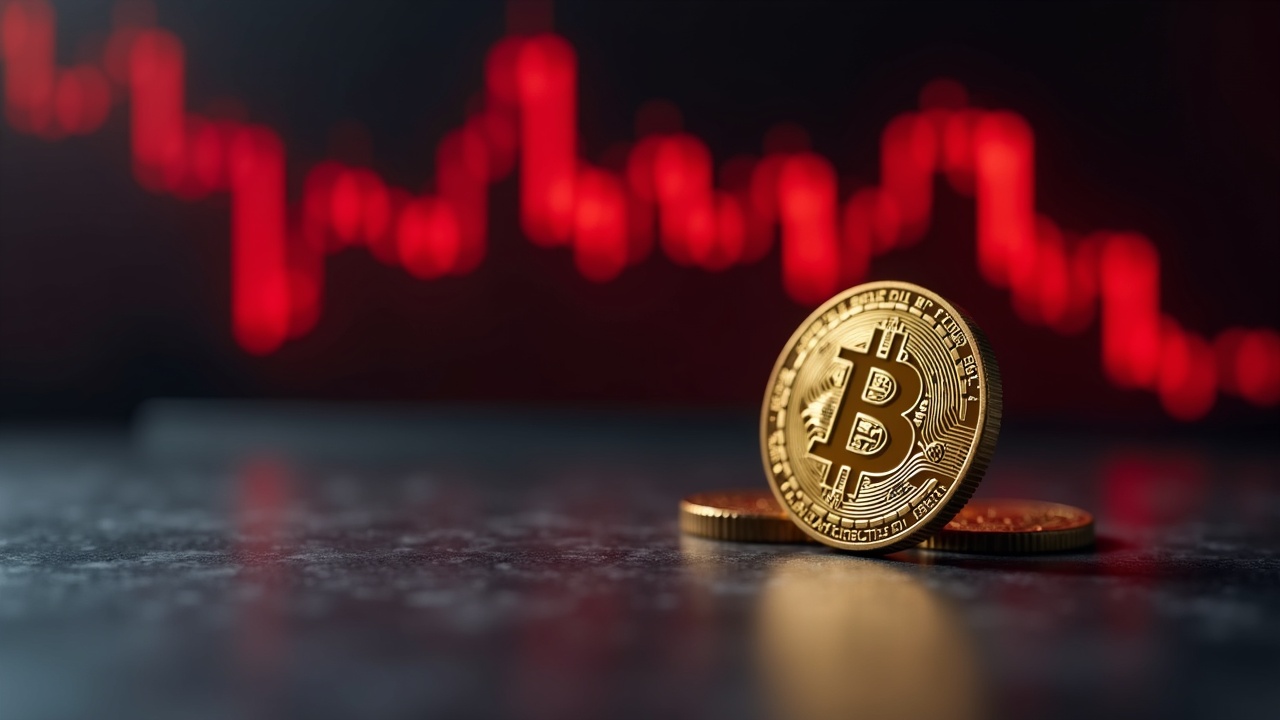 Shiny Bitcoin coin in the foreground on a table; background with a red chart symbolizing the BTC treasury as an anchor.