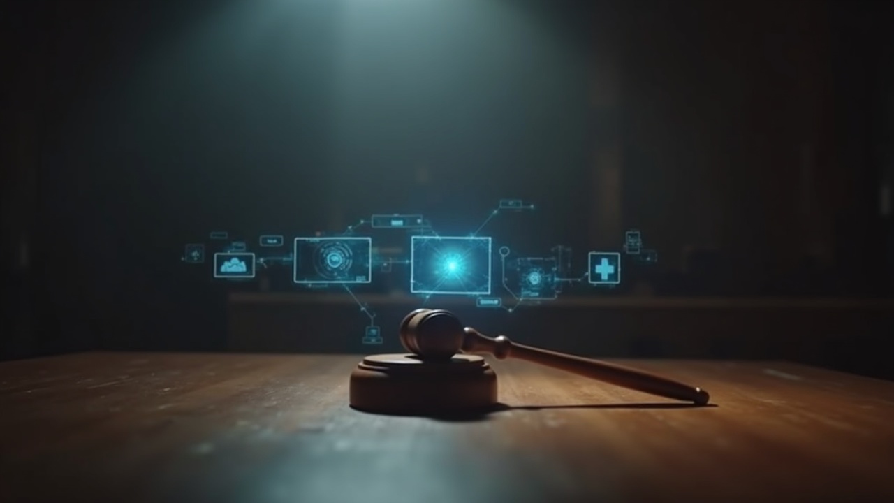 Courtroom scene illustrating the trademark dispute between Cameo and OpenAI in video AI, with holographic icons and a gavel
