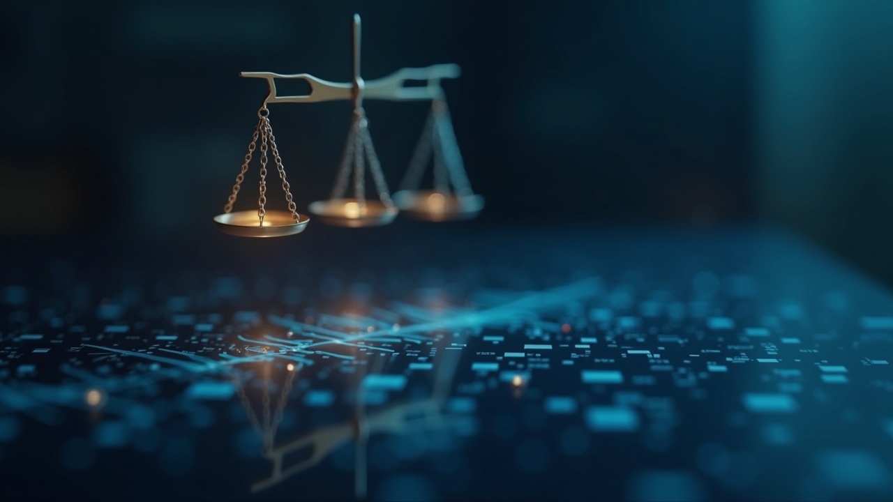 Realistic detail of a crypto mixer interface, scales of justice and newsroom background.