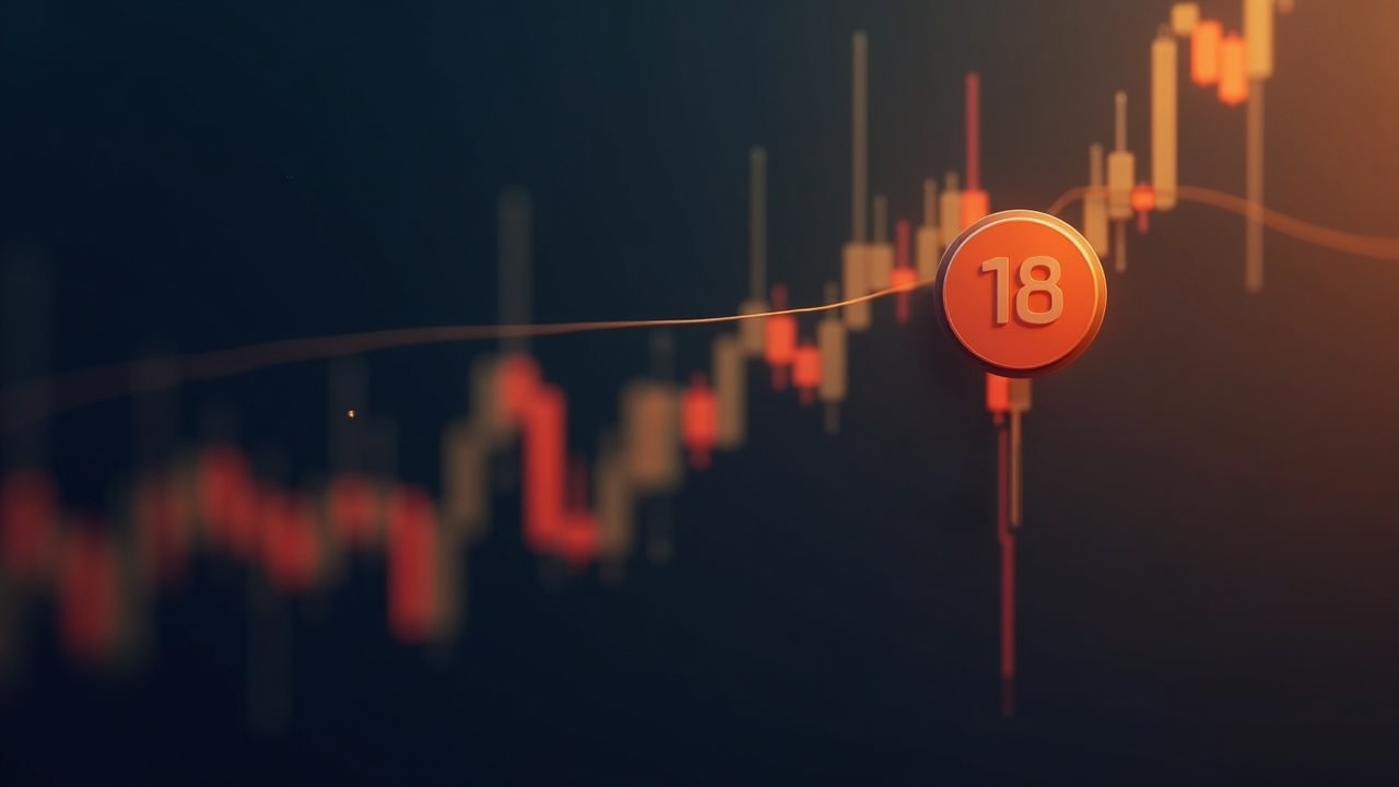 Close-up chart of Dogecoin showing resistance at 0.18, with a single decisive line and soft editorial lighting.
