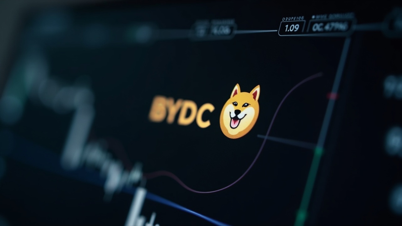 Photorealistic close-up of the Dogecoin logo on a NYSE-style trading screen, with BWOW branding and a neutral background