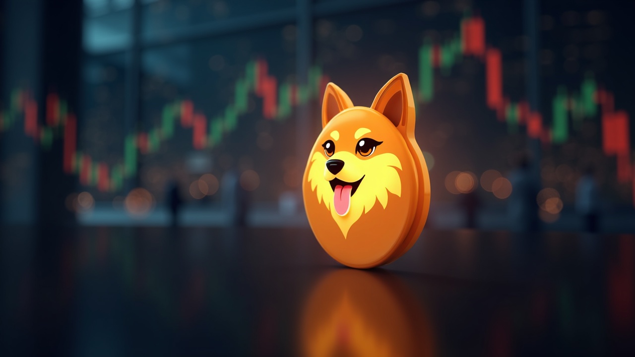 Dogecoin logo in sharp focus with a stock-exchange glow, ETF imagery and silhouettes of institutional traders.