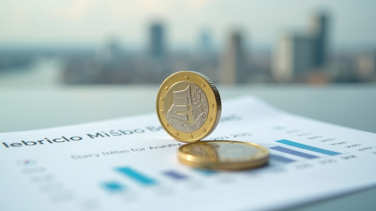 Close-up shot of a euro stablecoin on a MiCA regulation document, blurred European urban background.