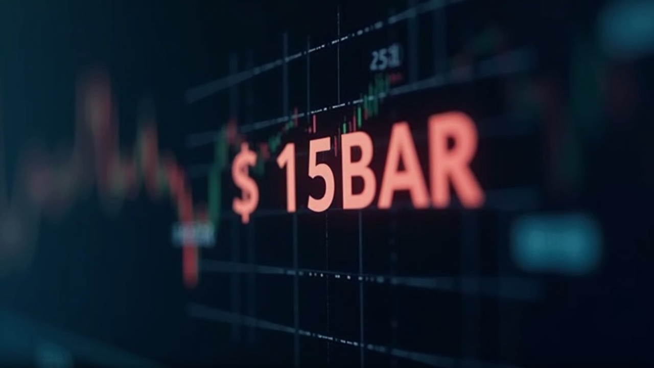 HBAR logo against a digital $0.15 barrier, with reduced liquidity bars and a downward trend line.