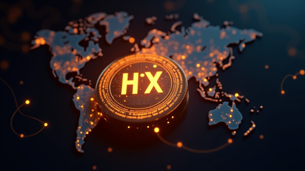 Shiny burning HTX token, on-chain governance dashboard and deflationary arrows over a minimalist world map