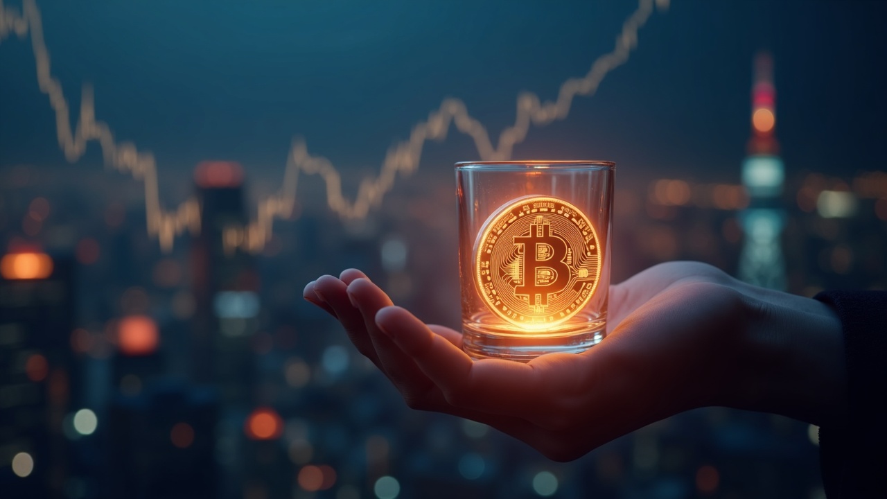 Photorealistic close-up of a glass display case with an illuminated crypto token, blurred Tokyo skyline and financial charts in the background.