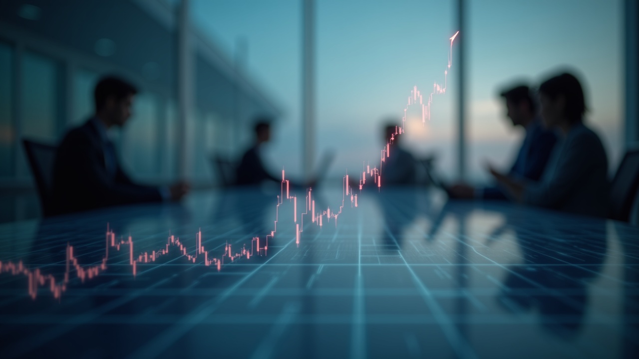 Rising prediction contract over a neutral grid, blurred silhouettes of regulators in the background.