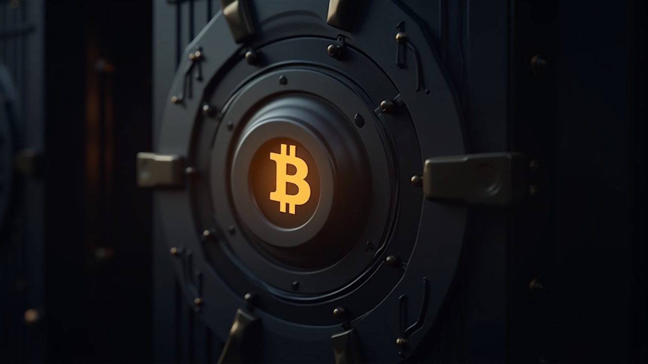 Bitcoin vault with a digital ledger overlay and the New Hampshire silhouette, softly lit to convey financial innovation.