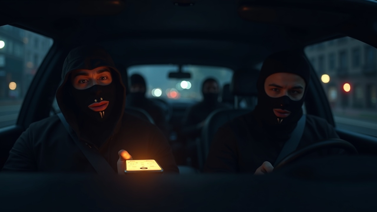 Editorial portrait of masked thieves in a car, a phone showing a crypto transfer, and a blurred urban background.