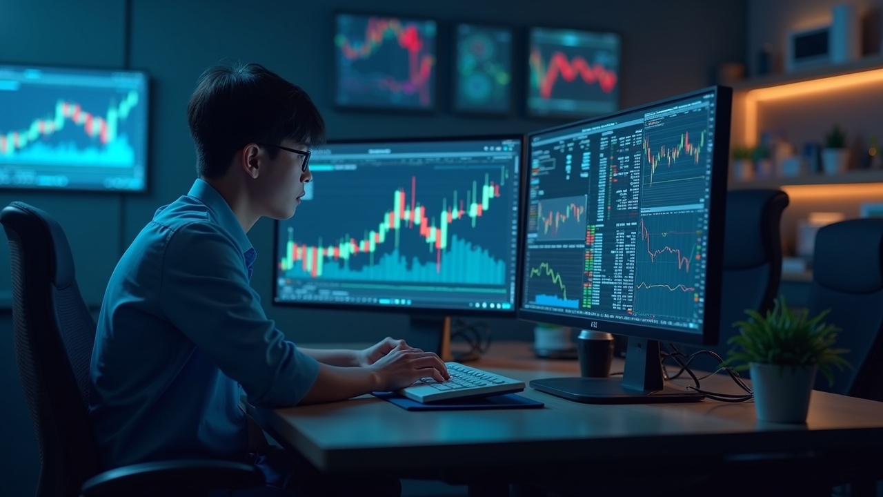 Trader in front of screens with charts of ETFs and crypto, regulatory seal symbolizing regulation.