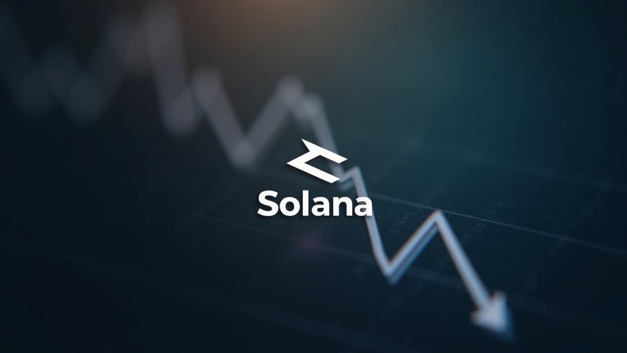 Solana logo centered over a downward chart with a silhouette of liquidations, soft lighting and blurred background.