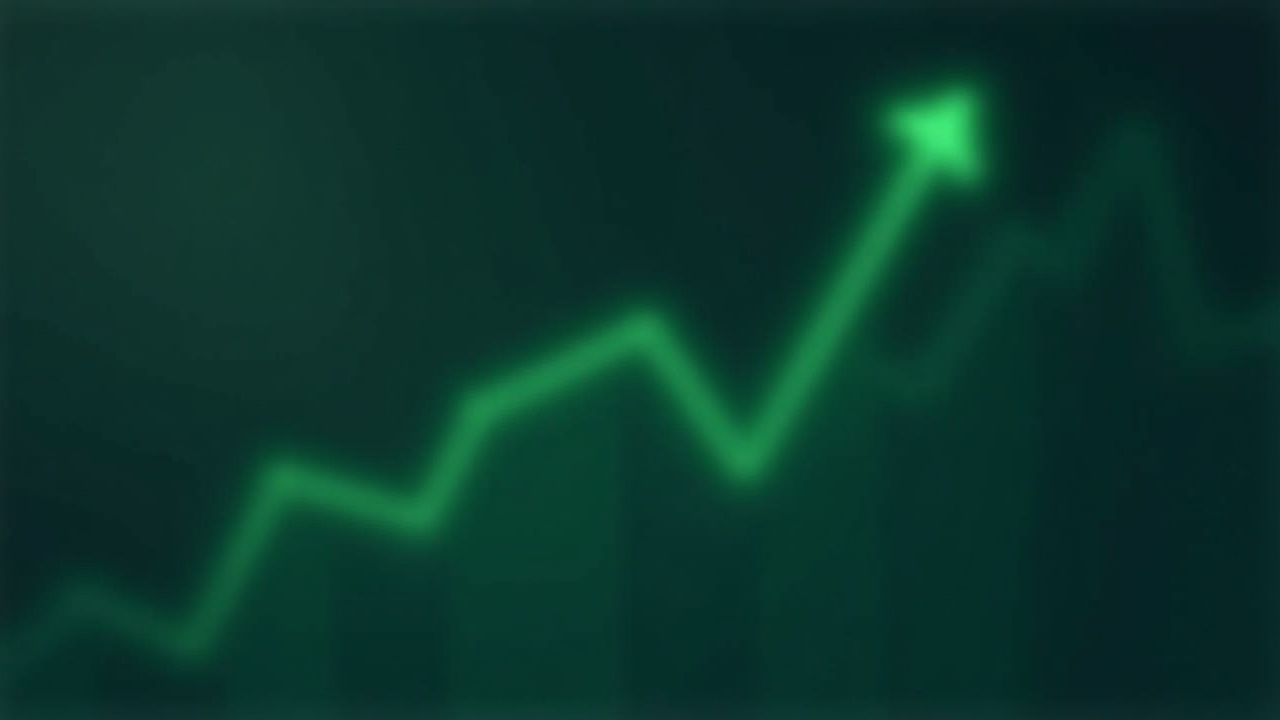 Logos of Solana and XRP rise over a green ETFs chart, with a blurred institutional trading background.