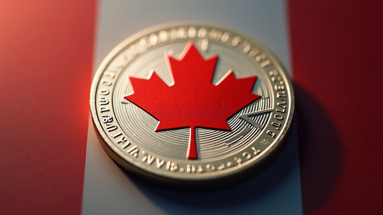 Stablecoin in close-up with a translucent Canadian flag, soft lighting and a minimalist background to emphasize regulation