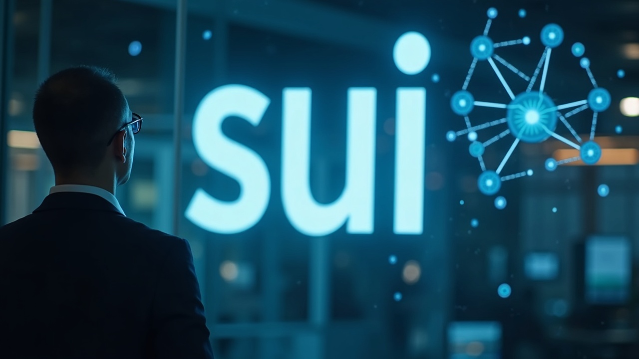Sui Foundation logo next to an executive analyzing a blockchain network diagram in soft lighting.