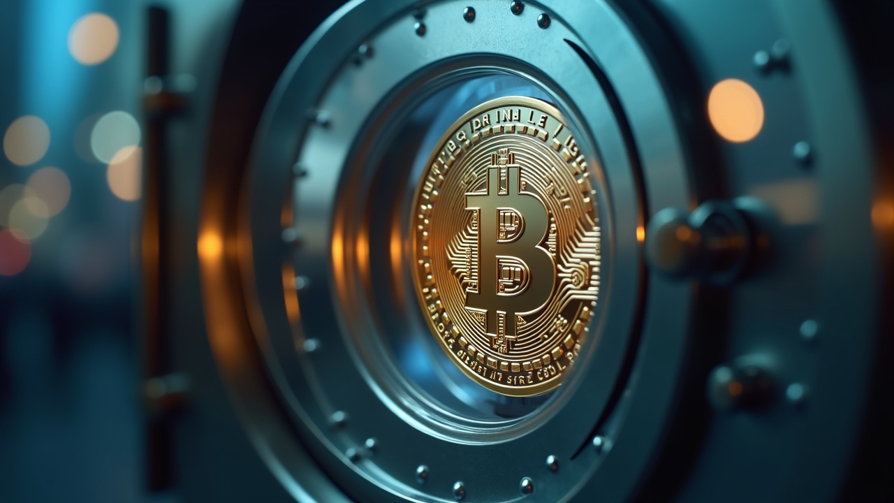 Bitcoin coin in a glass vault, with a blurred urban background, highlighting utility, scarcity and institutional demand