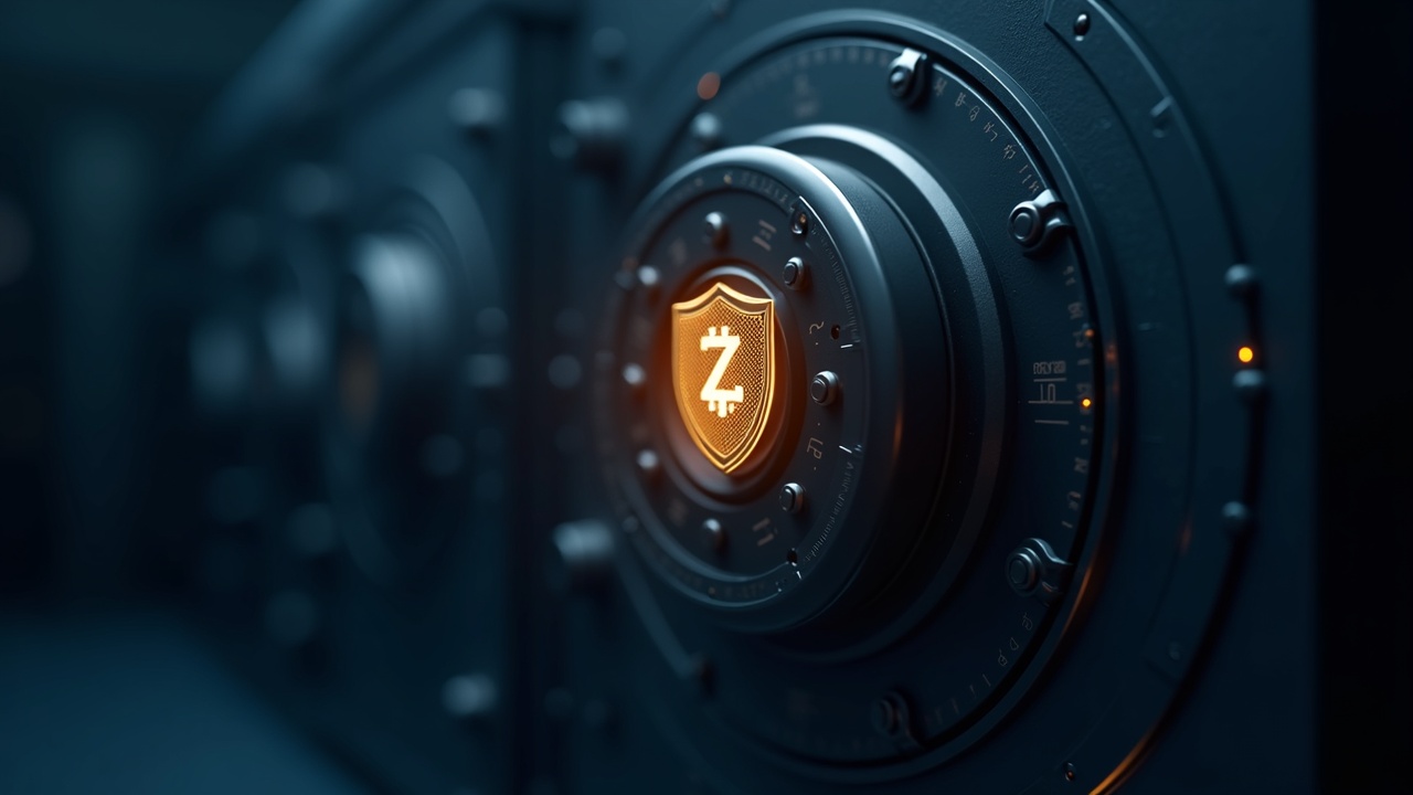 Photorealistic editorial header: encrypted vault, Zcash motif and shield, privacy against AI, newsroom lighting.