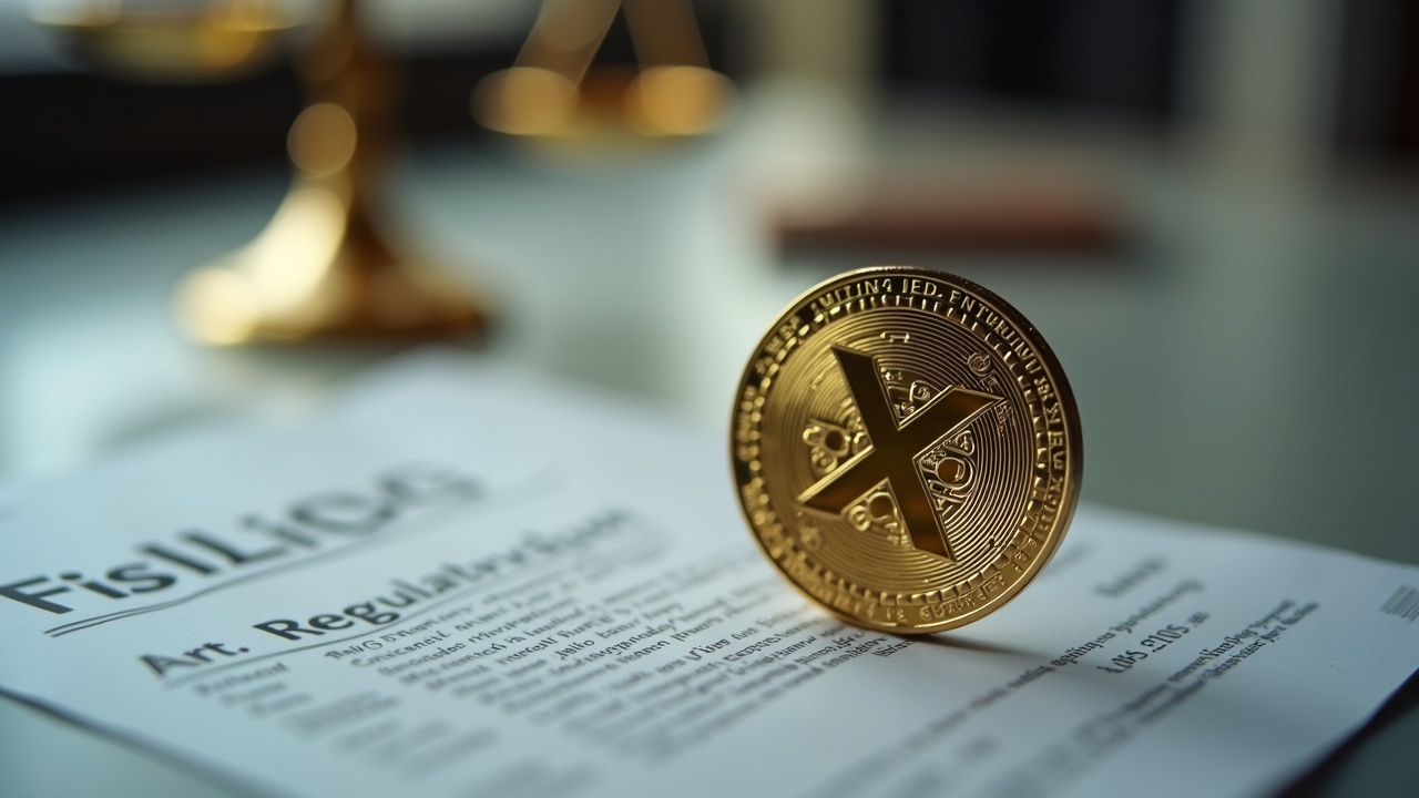 XRP coin in close-up on a desk, with a blurred regulatory document and scales in the background.